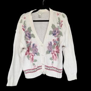 Vintage Margules Sweater Womens Small White Floral Button Front Cardigan 90s